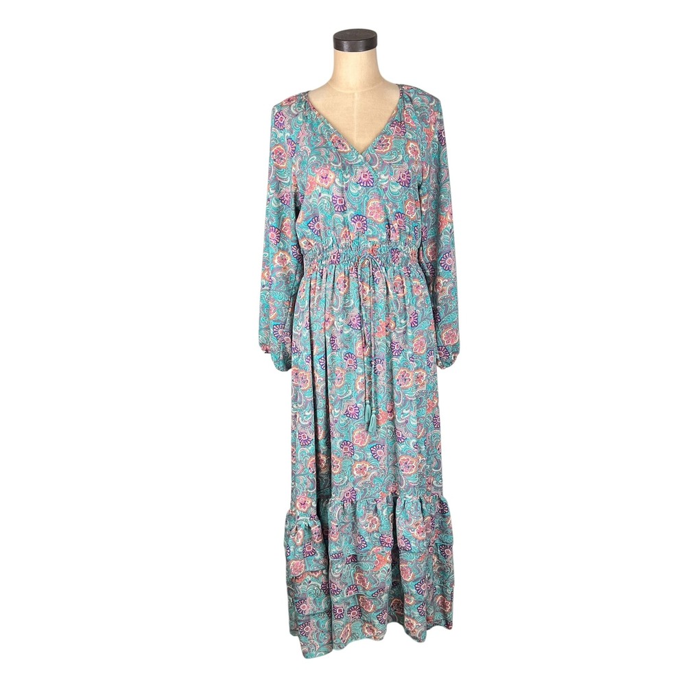Boeme Teal Paisley Floral Maxi Dress Long Sleeve Faux Wrap V-Neck‎ Smocked Waist